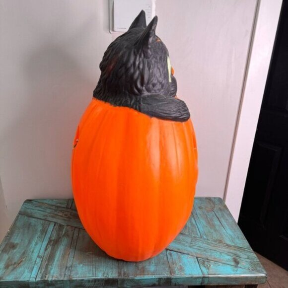 Vintage 90s Halloween Blow Mold Pumpkin Black Cat Jack-O-Lantern - Picture 11 of 15
